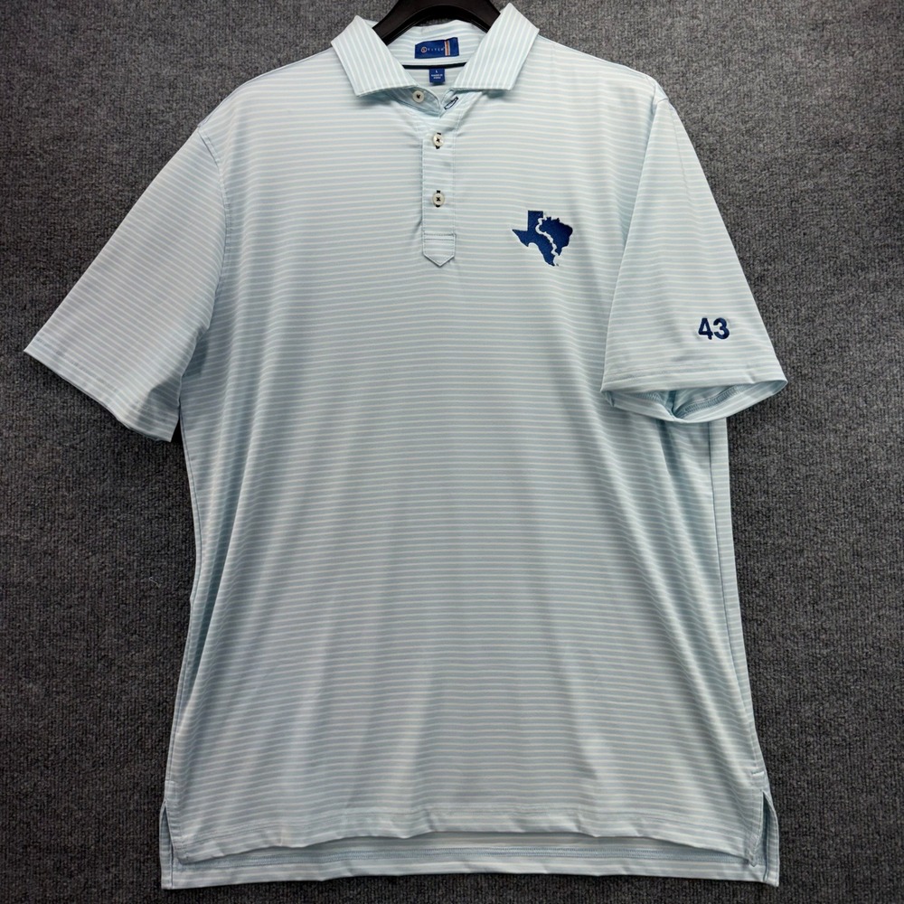 STITCH Golf Performance Polo‎ Shirt Men's Large Light Blue Stripe Texas
